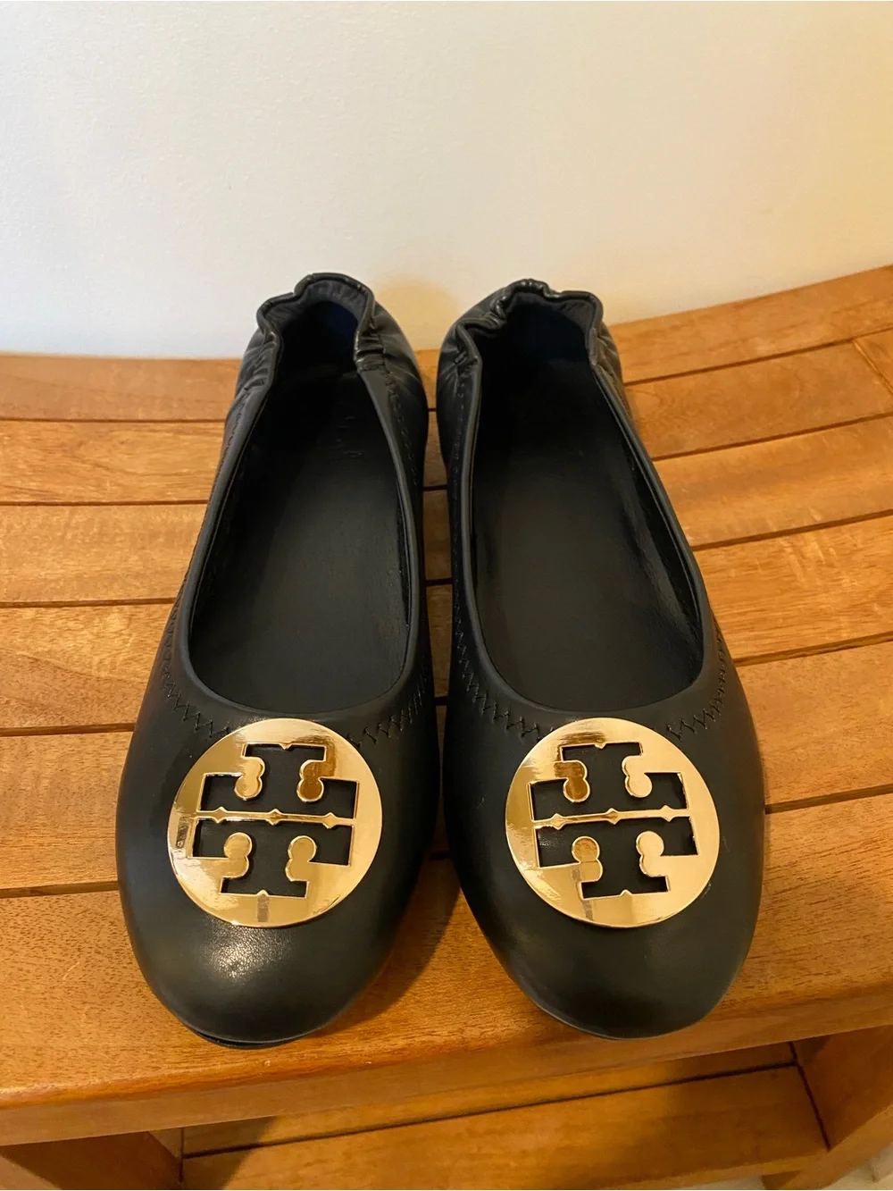 Tory Burch Black Leather Reva Flats with Gold Logo Medallion
